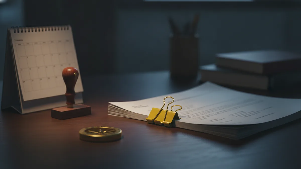 Escritorio de madera oscura en penumbra con un boletín oficial doblado, un calendario de mesa, un sello de caucho y un clip amarillo bajo la luz lateral de un flexo