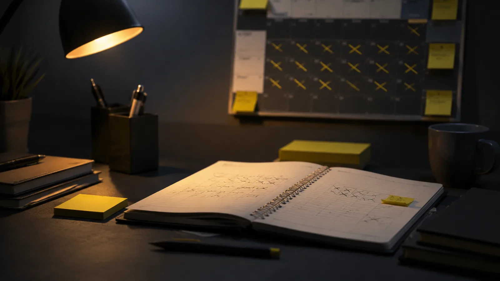 Mesa de estudio de noche con un cuaderno de planificación abierto y un calendario con las semanas tachadas