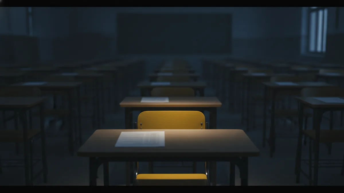 Aula de examen vacía en penumbra con filas de pupitres y hojas boca abajo, y una silla amarilla iluminada en primer plano
