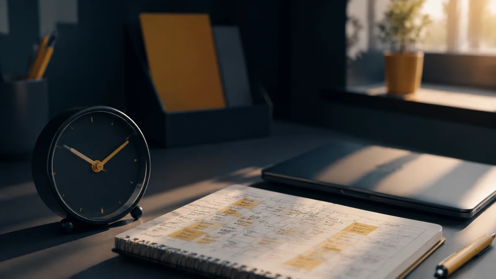 Escritorio con un reloj de sobremesa junto a un cuaderno con una tabla de horarios de estudio