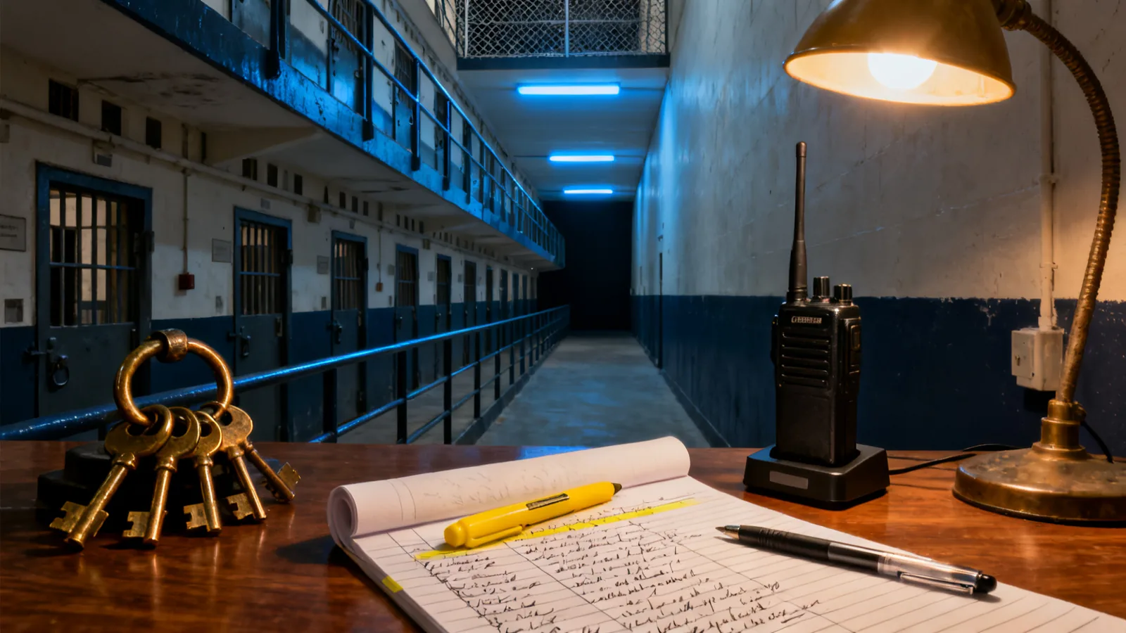 Mesa del puesto de control de una galería penitenciaria de noche, con un llavero de latón, una emisora, un flexo encendido y una hoja de recuento con un subrayador amarillo