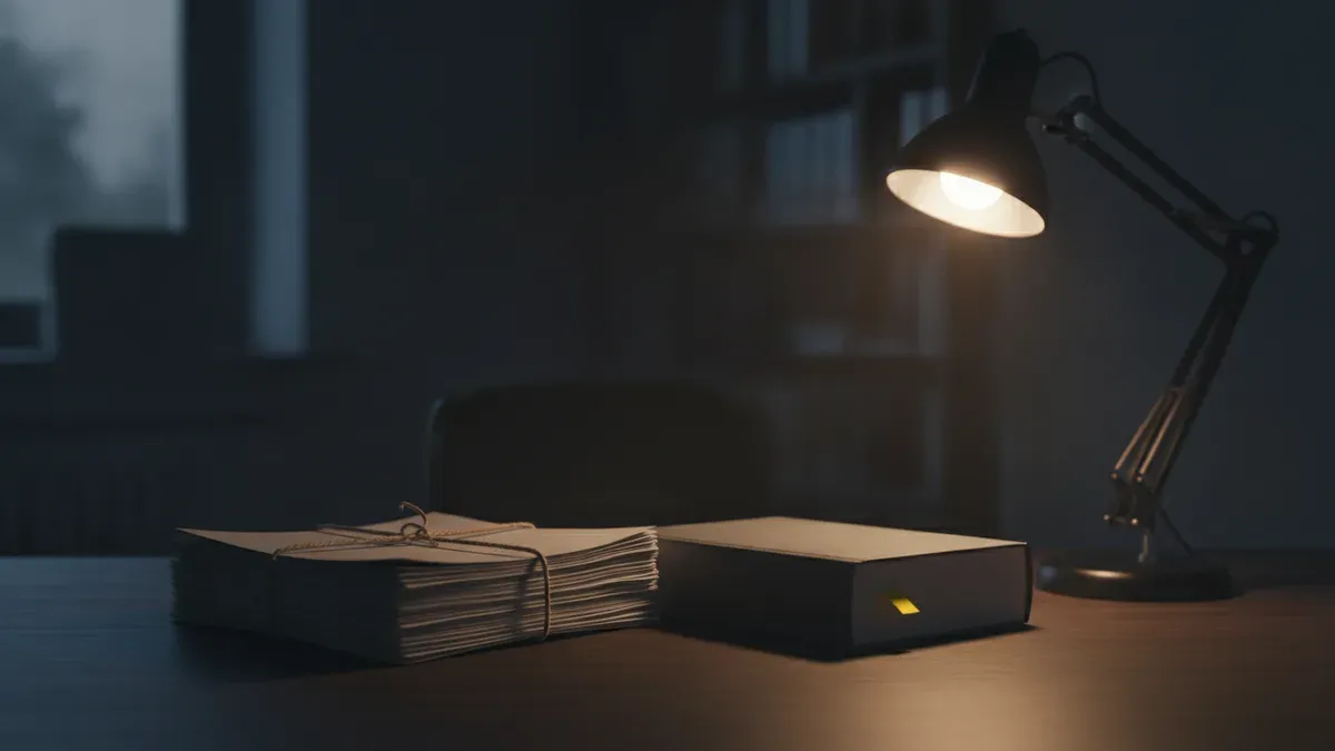 Mesa de despacho en penumbra con un expediente grueso atado con cuerda, un libro de leyes cerrado con un separador amarillo y un flexo encendido