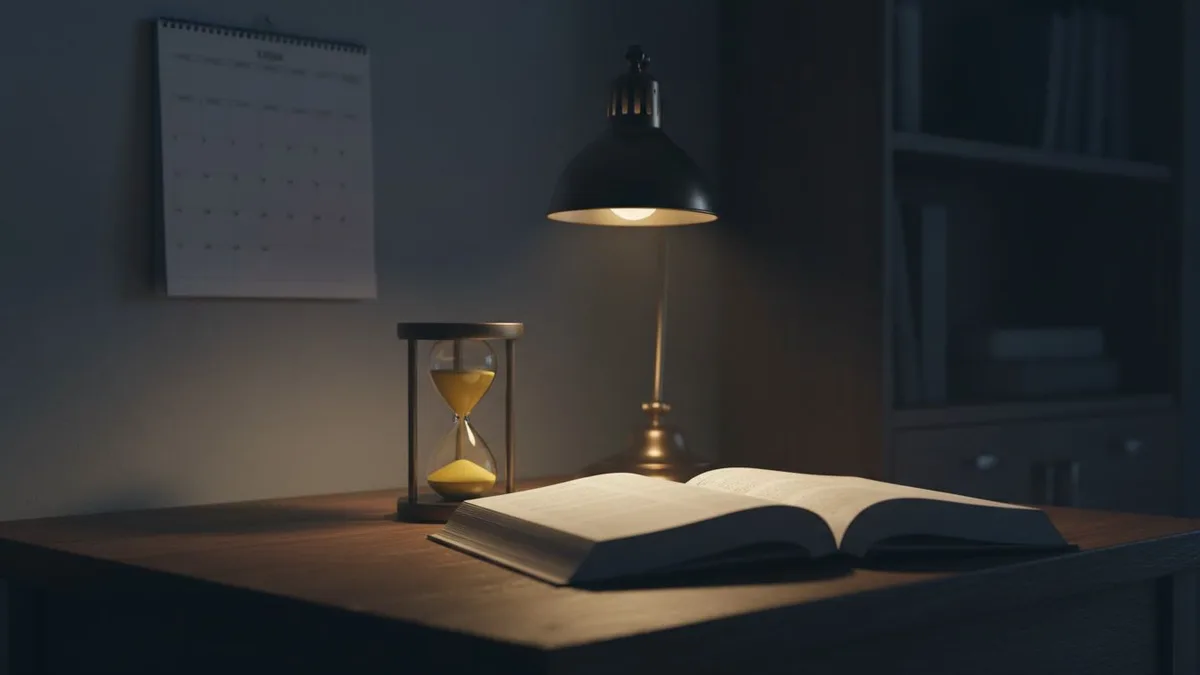 Reloj de arena con arena amarilla junto a un temario abierto bajo un flexo, con un calendario de pared en penumbra