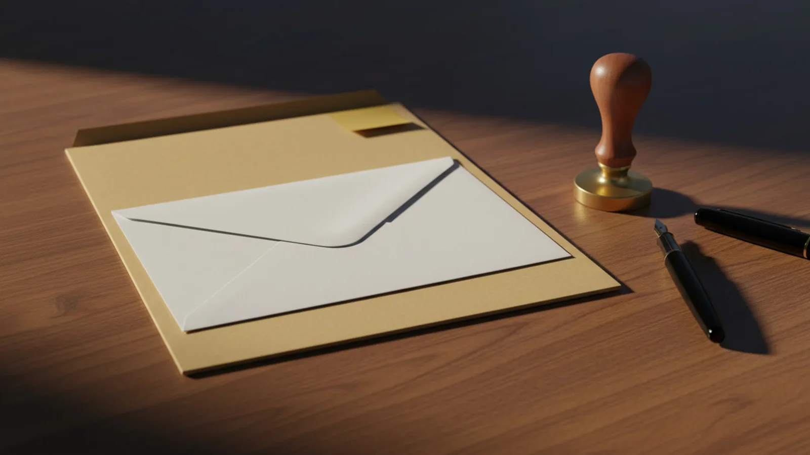 Sobre blanco cerrado sobre una carpeta de expediente en una mesa de despacho, con un sello de latón de mango de madera y una pluma estilográfica al lado
