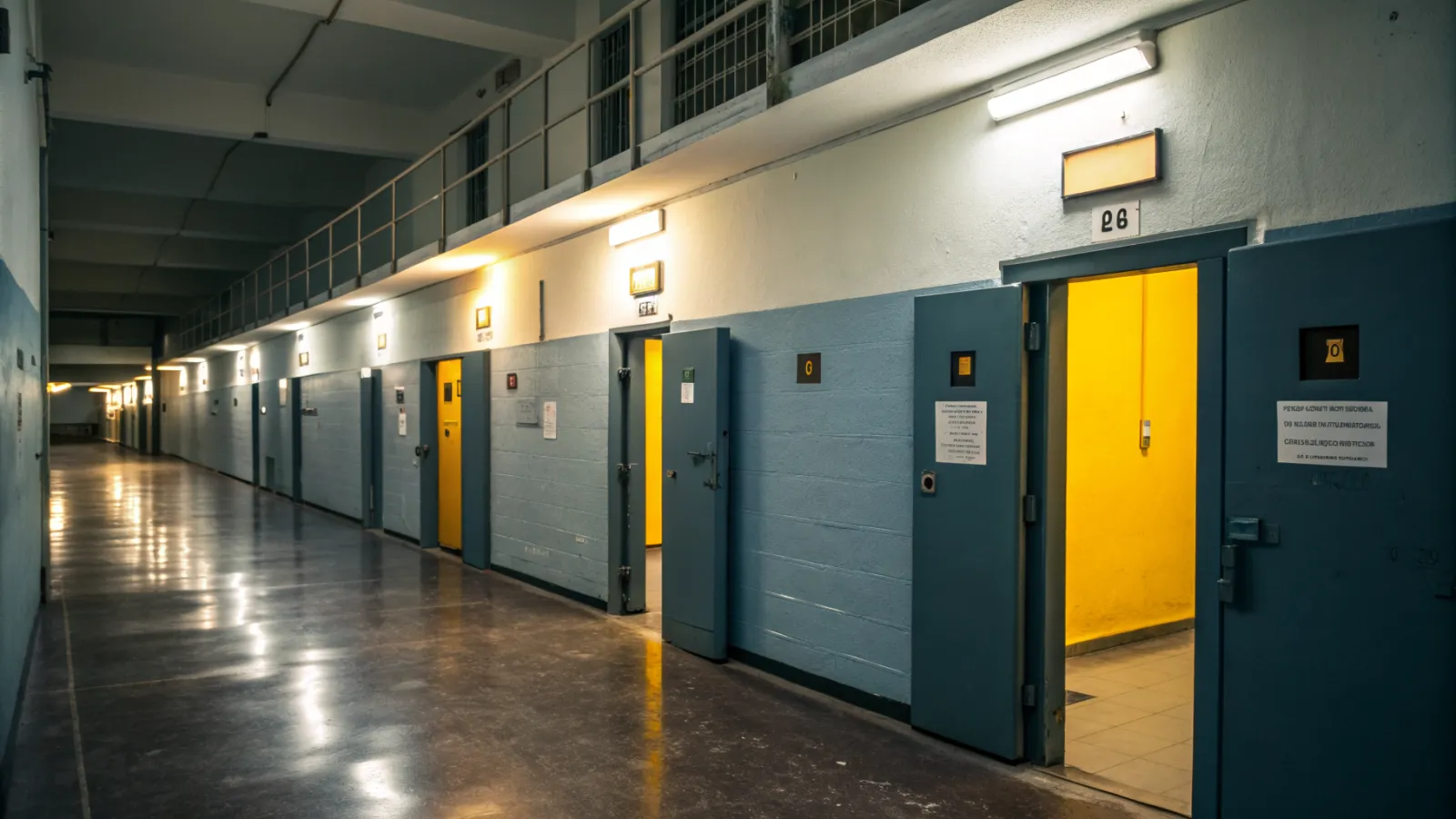 Pasillo de un centro penitenciario con puertas de oficina a un lado y una de ellas abierta, con luz amarilla en el interior