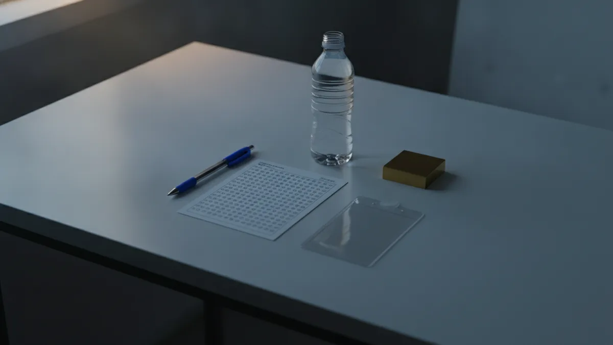 Mesa de examen con un bolígrafo azul, una botella de agua pequeña y una funda de identificación junto a una hoja de respuestas en blanco