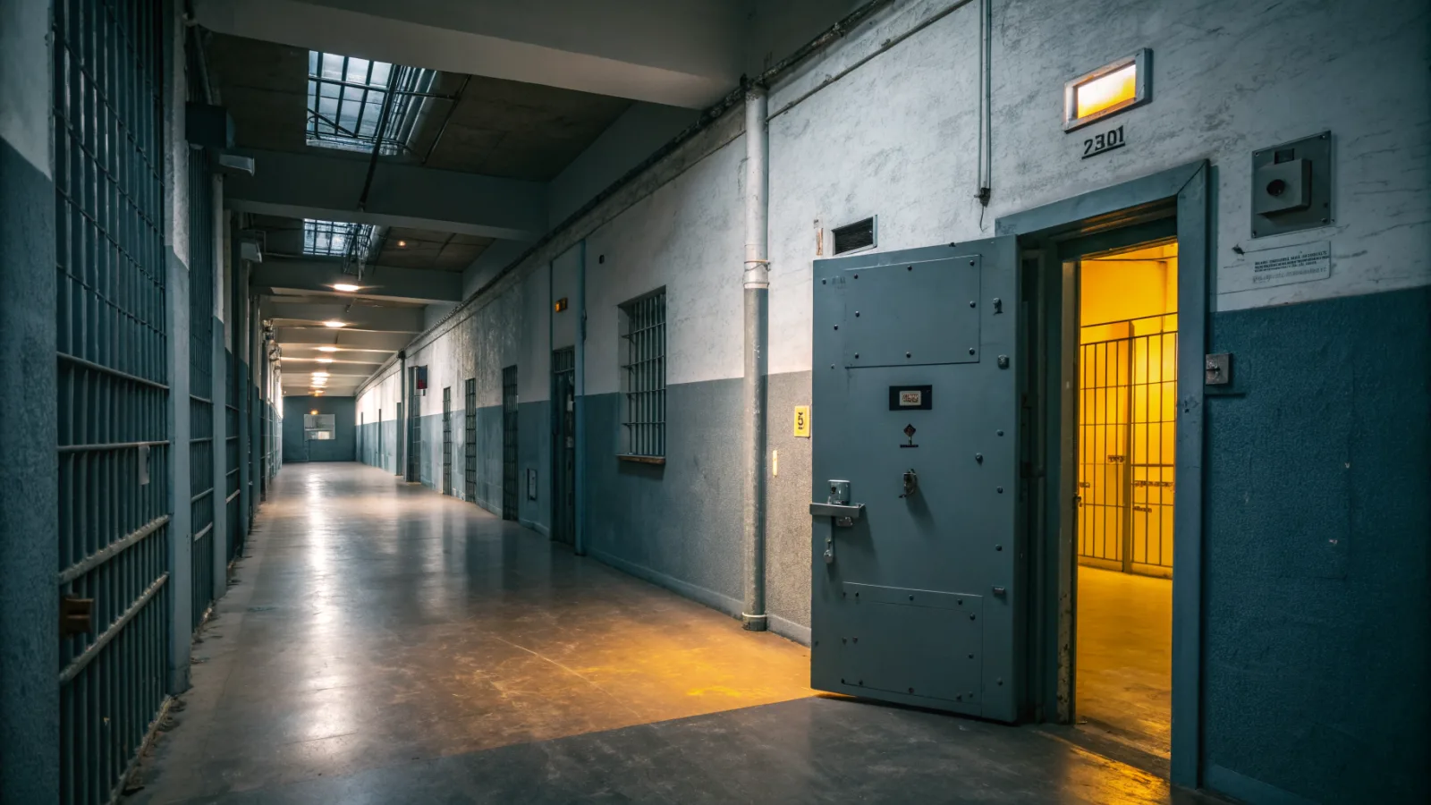 Pasillo de un centro penitenciario con rejas a un lado y una puerta metálica abierta de la que sale luz amarilla