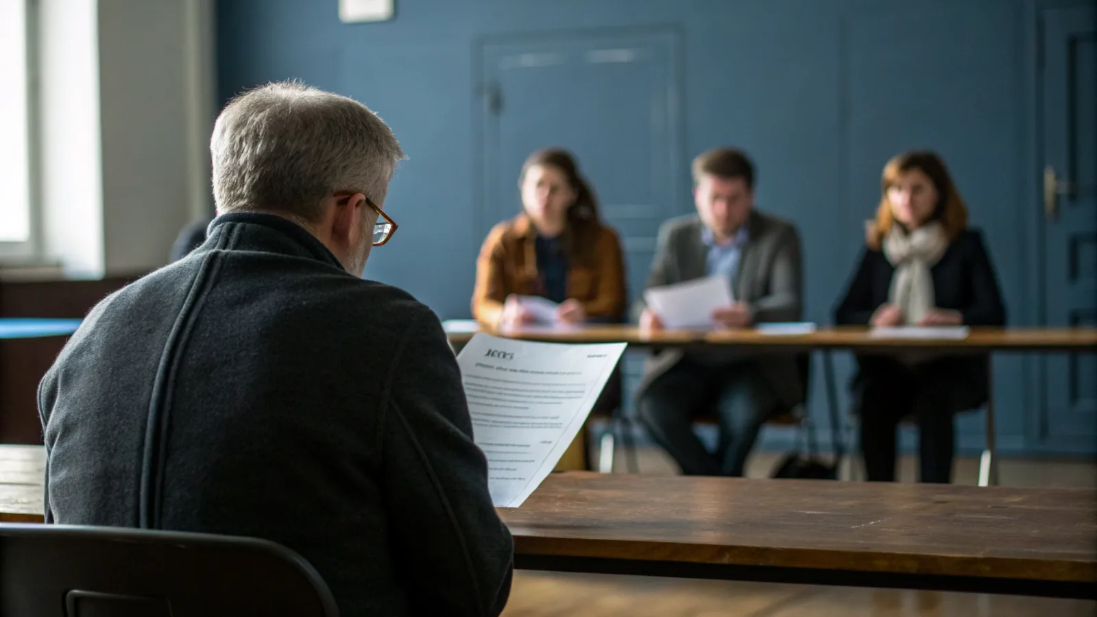 Opositor sentado frente a una mesa de tribunal, leyendo en voz alta un supuesto mientras los miembros toman notas