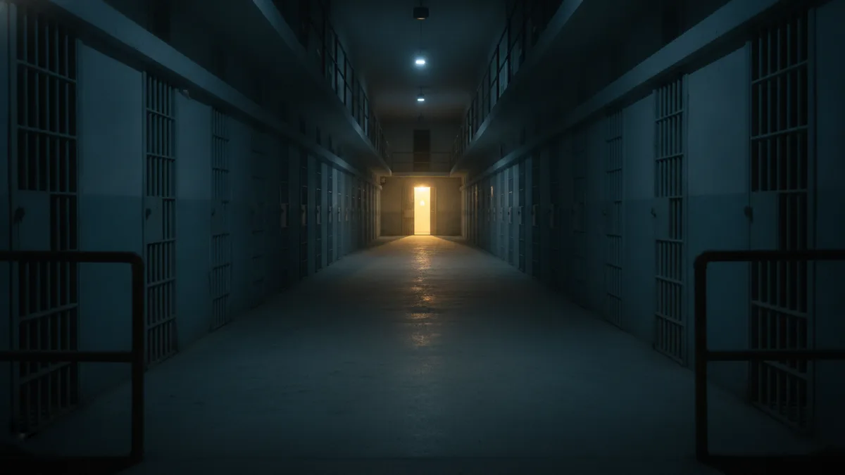 Galería de un centro penitenciario en penumbra con una puerta de celda iluminada al fondo