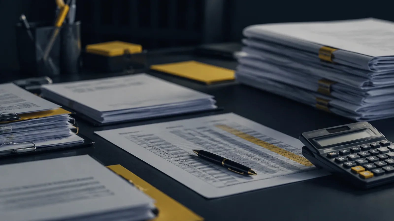 Mesa de trabajo con expedientes presupuestarios, una hoja de cifras y una calculadora