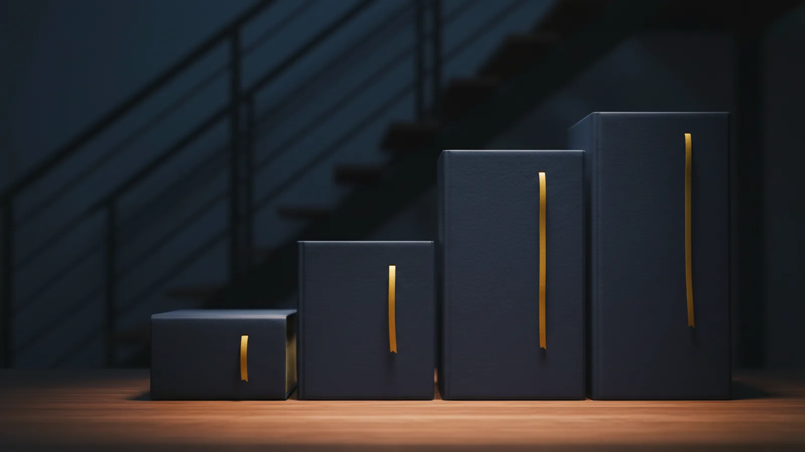 Cuatro libros de tapa dura azul marino, lisos y sin título, colocados en altura creciente sobre una mesa de madera, cada uno con una cinta marcapáginas amarilla; al fondo, desenfocada, la silueta de una escalera metálica