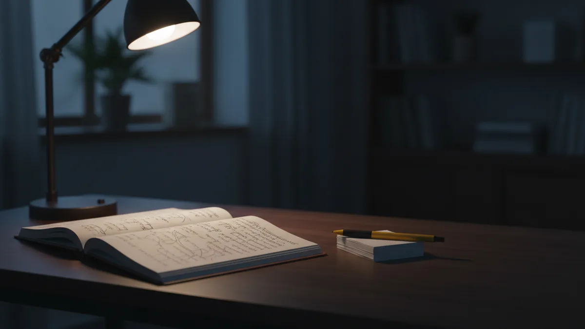 Mesa de estudio en penumbra con un cuaderno de supuestos, tarjetas de memoria y un bolígrafo amarillo bajo el flexo