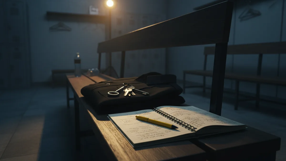 Banco de vestuario en penumbra con un uniforme doblado, un juego de llaves y un cuaderno de estudio abierto encima