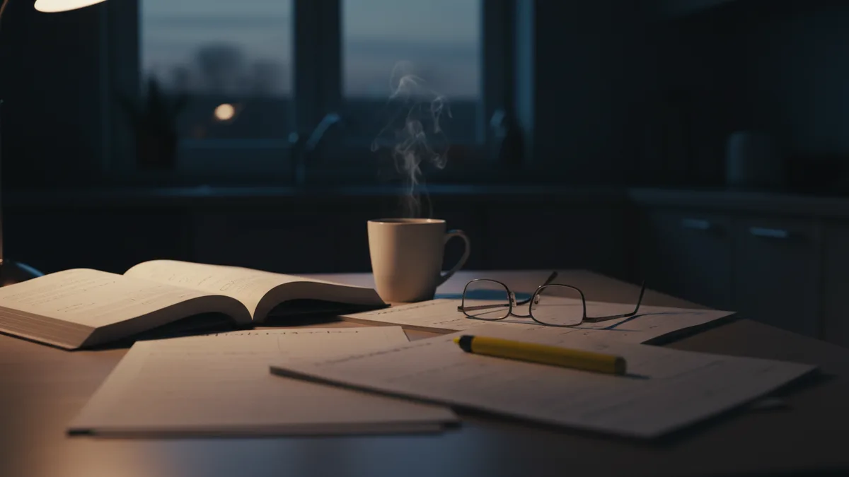 Mesa de estudio de madrugada en penumbra, con apuntes abiertos, una taza y una lámpara encendida
