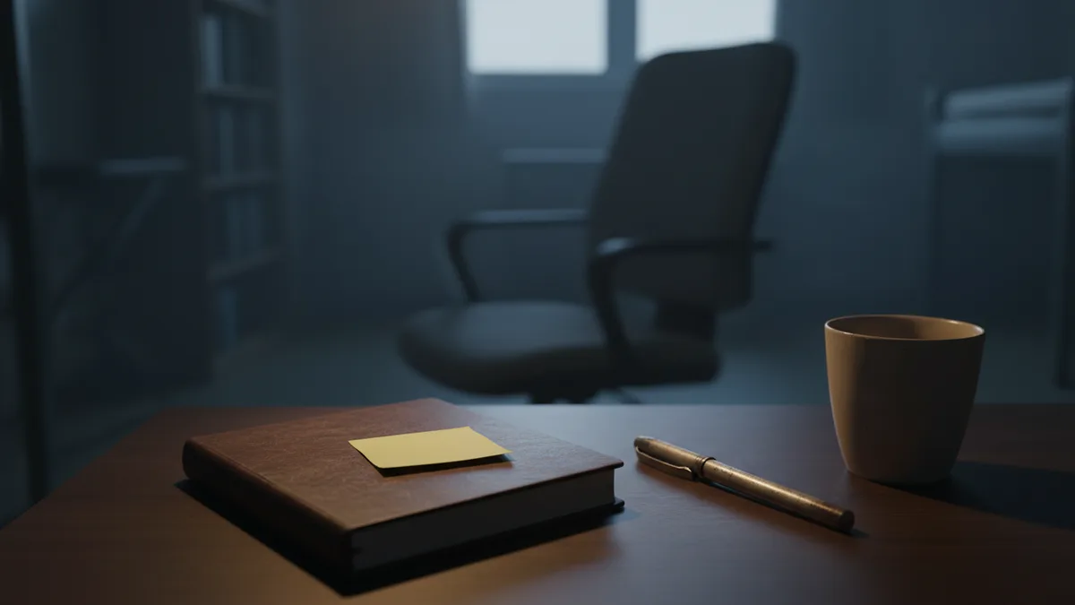 Escritorio en penumbra al terminar un examen, con un cuaderno cerrado, un bolígrafo gastado y una taza vacía