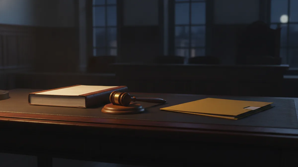 Mesa de un juzgado en penumbra con un libro de leyes abierto, un mazo de madera y una carpeta amarilla al borde de la luz