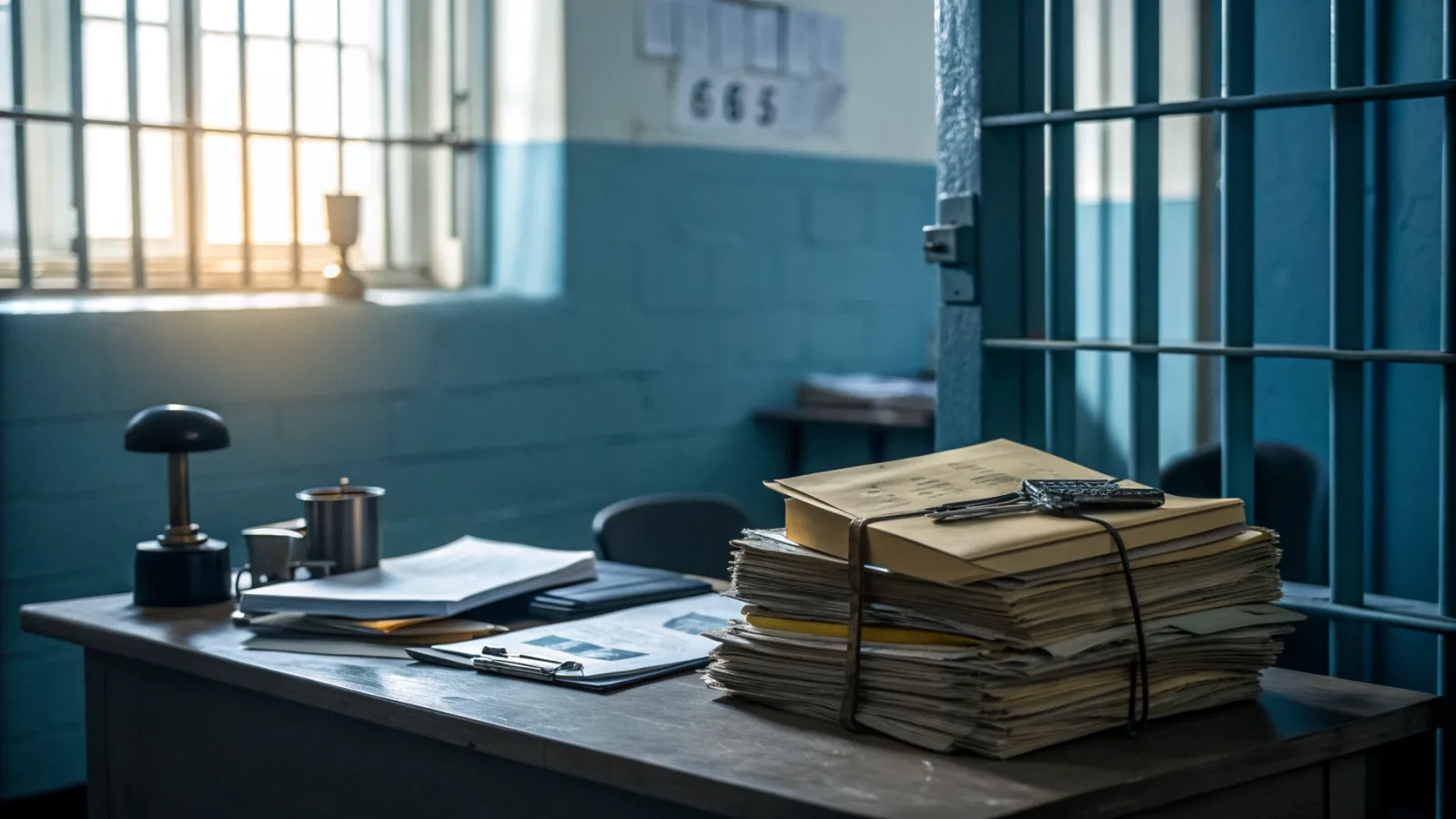 Mesa de despacho dentro de un centro penitenciario con expedientes atados en pila, un sello sobre la mesa y una ventana enrejada al fondo