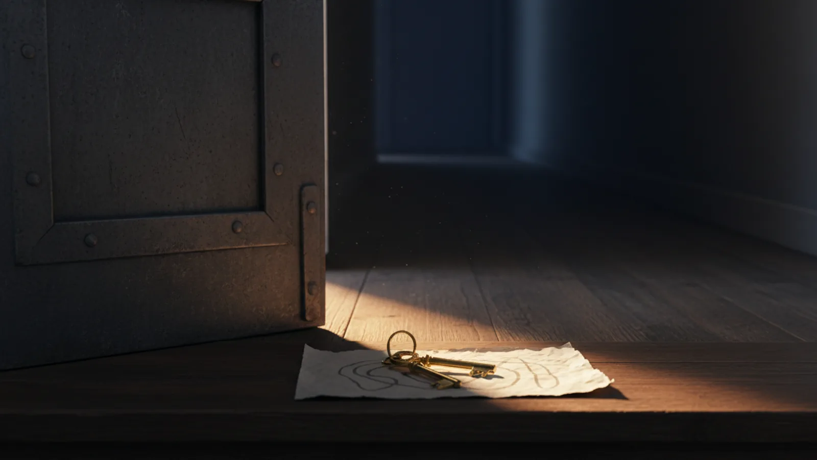 Puerta metálica entreabierta en un pasillo en penumbra; por la rendija entra luz cálida que ilumina un manojo de llaves de latón sobre un papel, en el suelo de madera