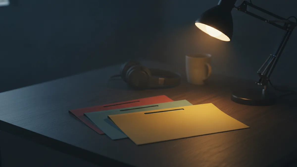 Tres carpetas de colores en abanico sobre una mesa de estudio, la amarilla adelantada bajo la luz de un flexo