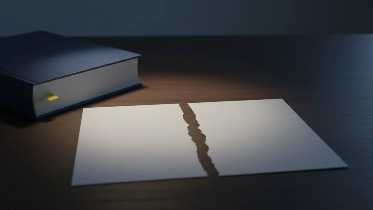 Hoja de papel en blanco rasgada por la mitad sobre una mesa de madera oscura, junto a un código legal cerrado