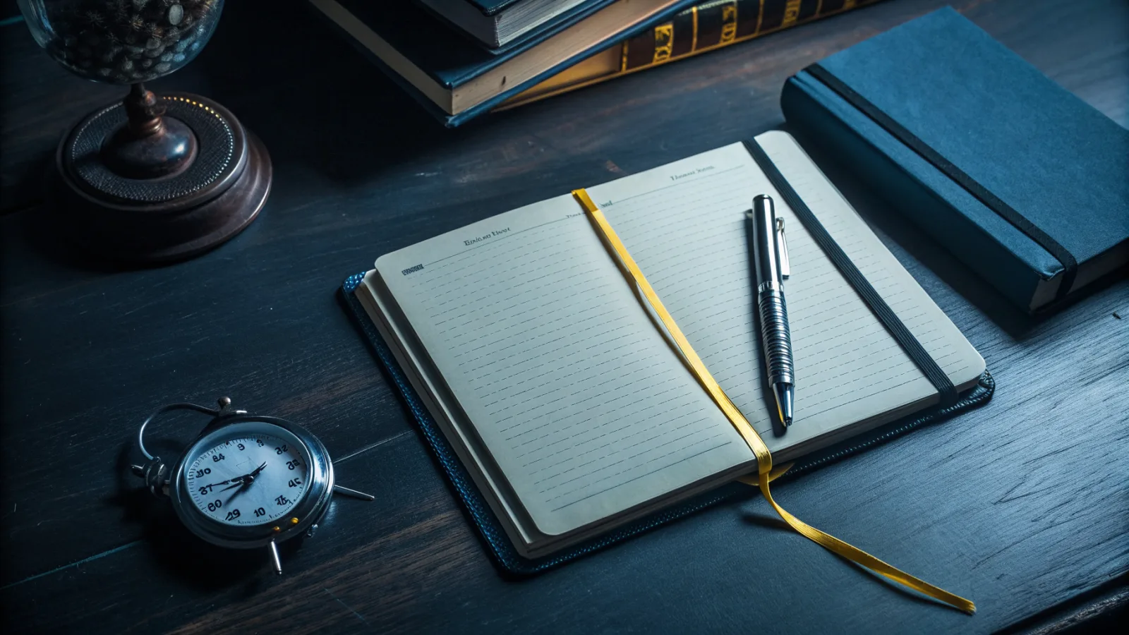 Cuaderno abierto por una página en blanco sobre un escritorio oscuro, con una pluma encima, un cronómetro al lado y una cinta marcapáginas amarilla