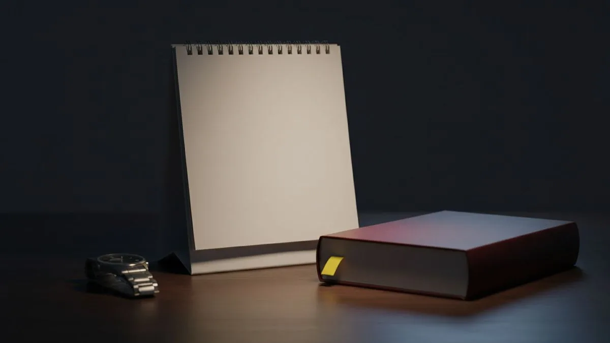 Calendario de sobremesa en blanco junto a un reloj de pulsera y un código legal cerrado sobre una mesa de madera oscura