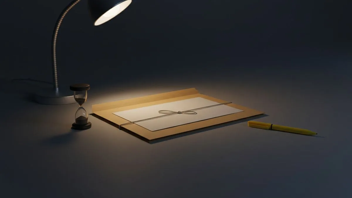 Carpeta de expediente con gomas cerrada sobre un escritorio en penumbra, junto a un reloj de arena pequeño