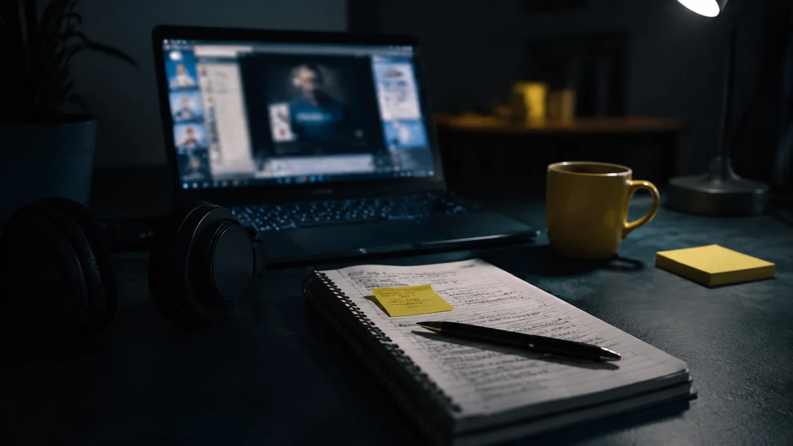 Rincón de estudio en casa de noche con una videoclase en el portátil, auriculares y un cuaderno de apuntes