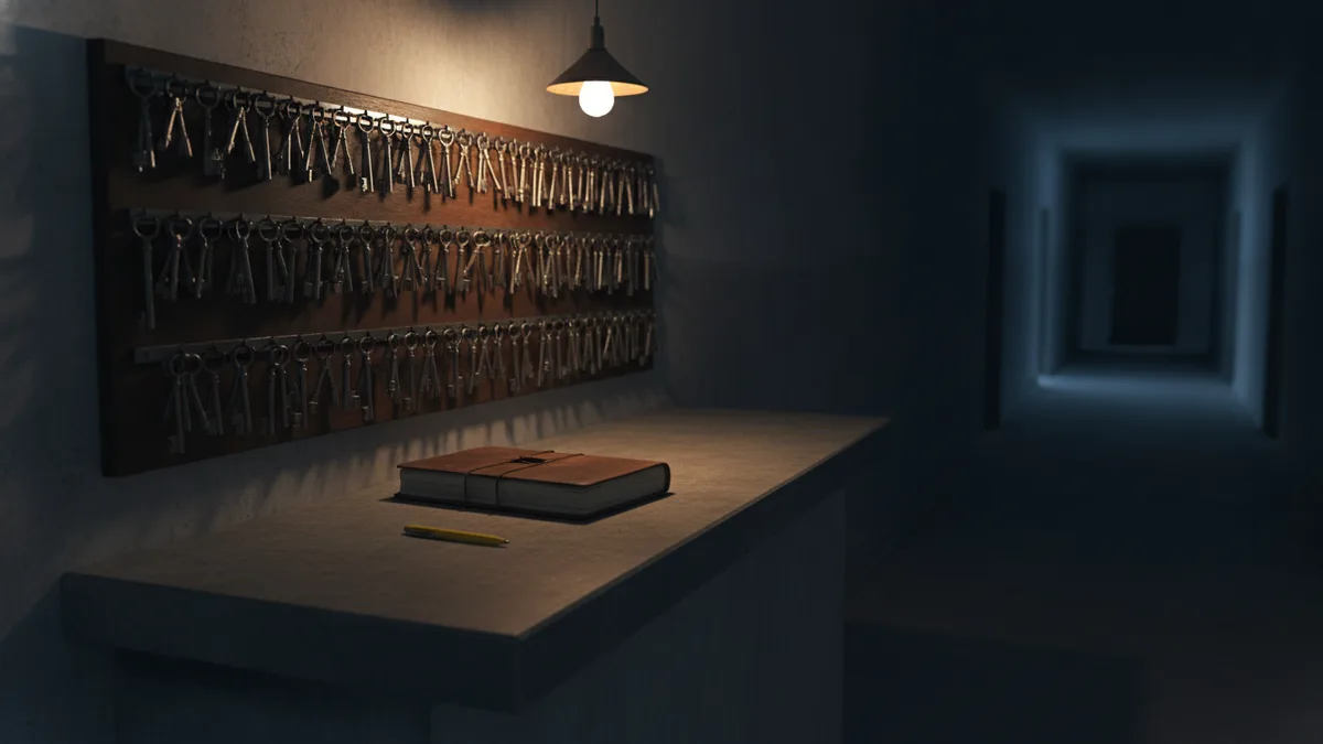 Puesto de control de una galería penitenciaria en penumbra, con un panel de llaves y una luz cálida sobre el mostrador