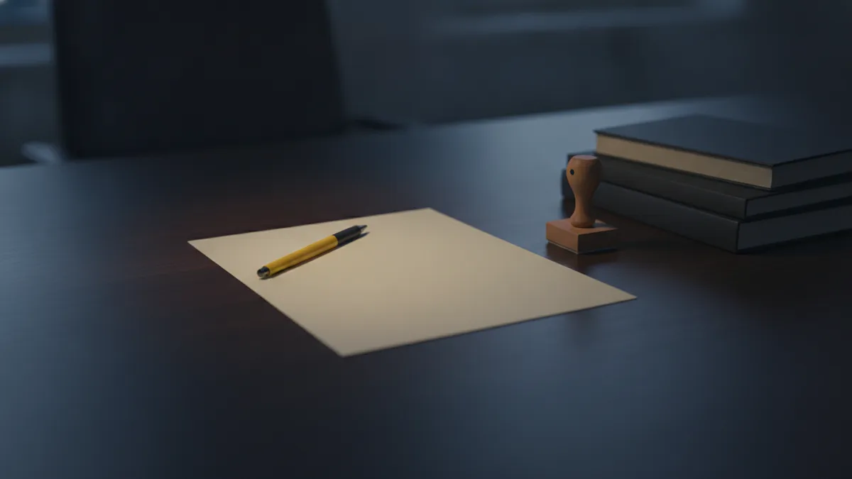 Escritorio en penumbra con un formulario de solicitud, un sello y un bolígrafo amarillo bajo la luz de un flexo