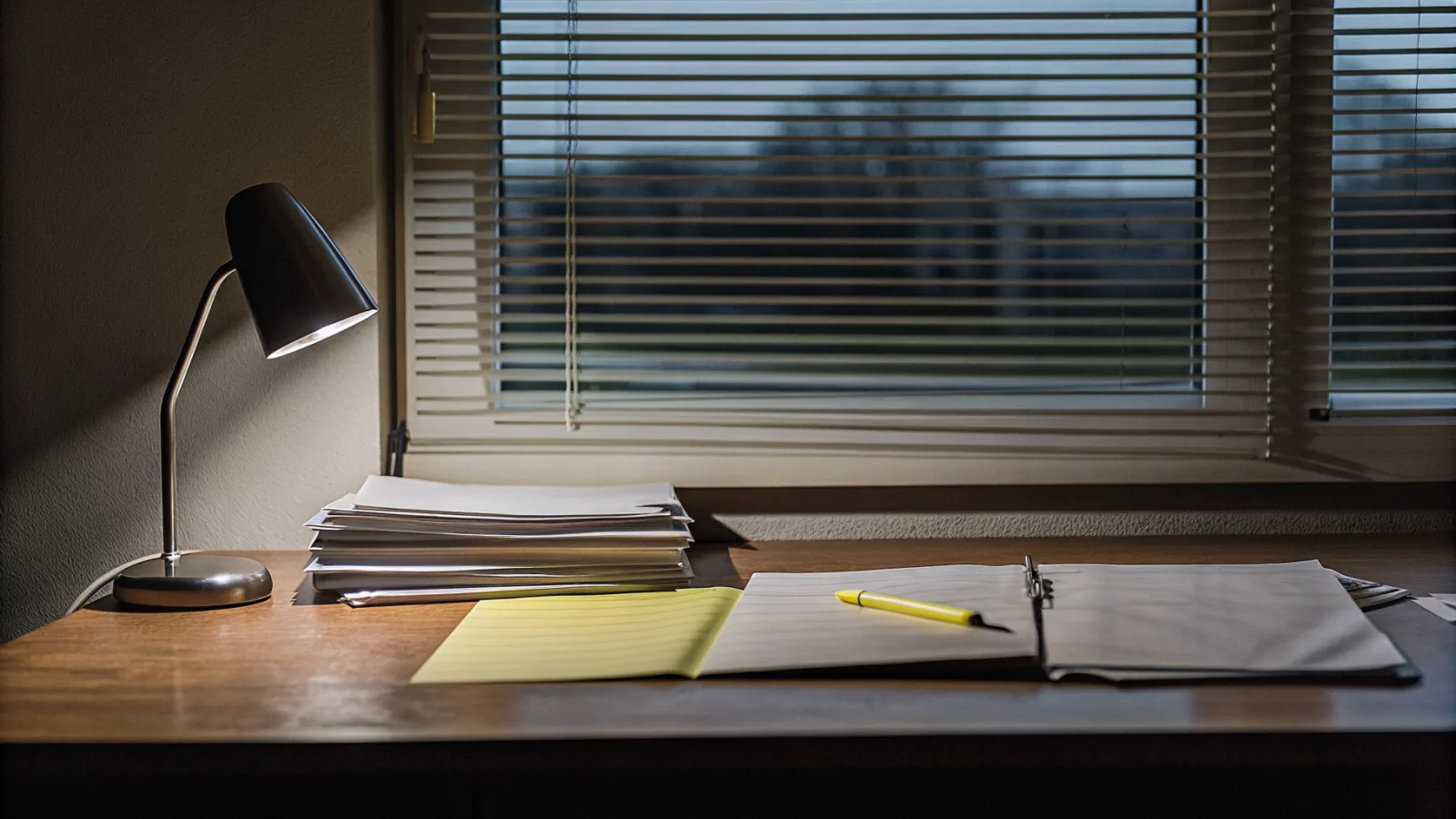 Escritorio de estudio al anochecer junto a una ventana con persiana veneciana, con un flexo encendido, una pila de folios y un rotulador amarillo sobre un cuaderno abierto