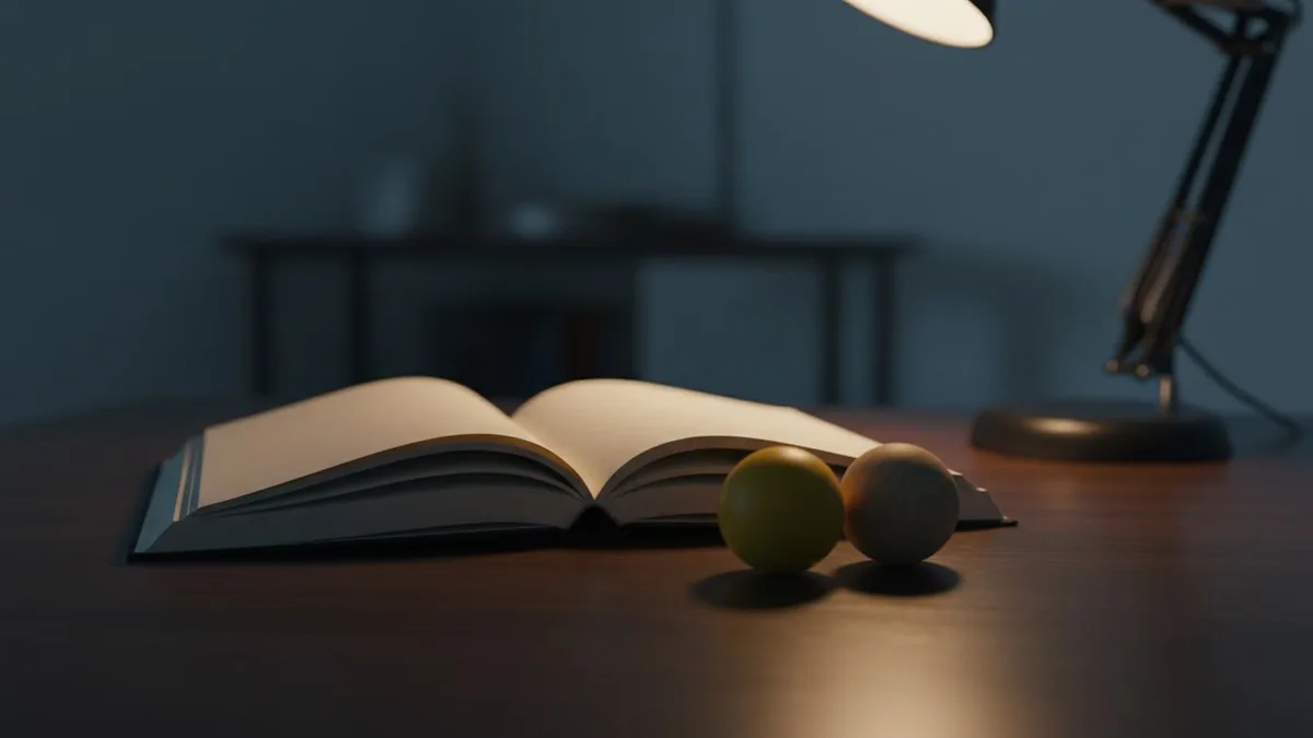 Cuaderno abierto con páginas en blanco junto a dos bolas de sorteo, una de ellas amarilla, sobre una mesa oscura bajo un flexo