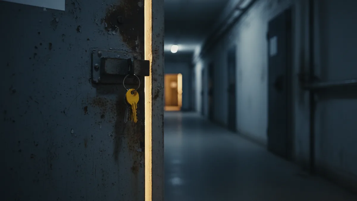 Puerta metálica entreabierta al final de un pasillo penitenciario en penumbra, con la luz cálida del exterior entrando por la rendija y una llave amarilla colgada del cerrojo