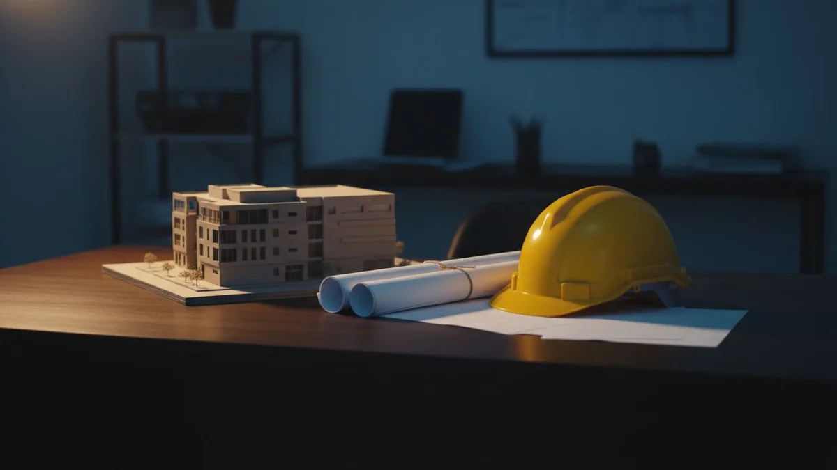 Maqueta de un edificio junto a unos planos enrollados y un casco de obra amarillo sobre una mesa de despacho en penumbra