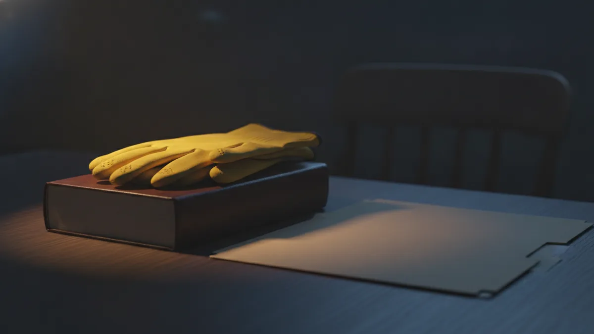 Unos guantes de trabajo amarillos doblados sobre un libro de leyes cerrado, en una mesa de madera junto a un expediente de cartón