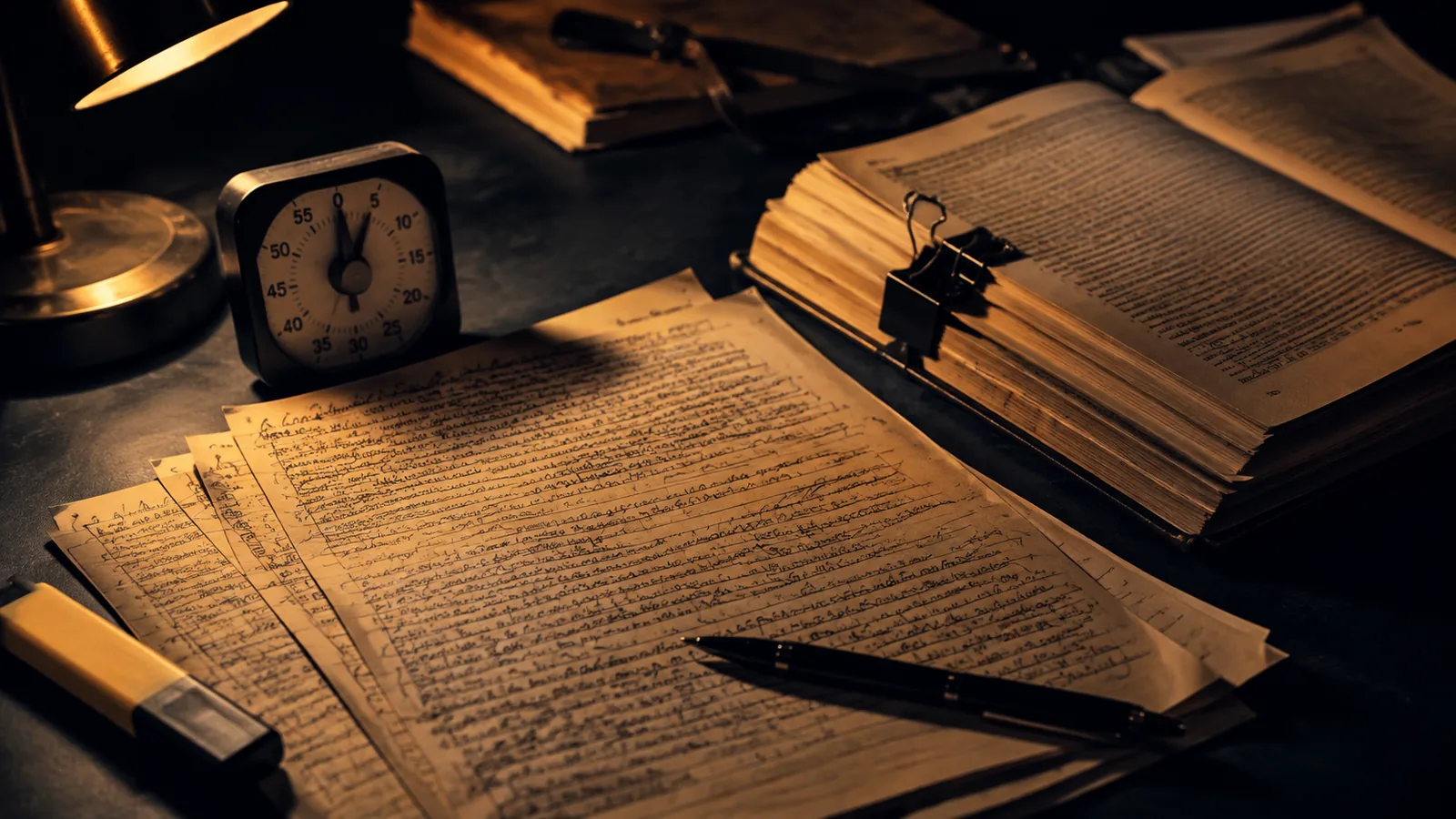 Folios manuscritos de supuestos resueltos, un cronómetro y un libro de consulta abierto