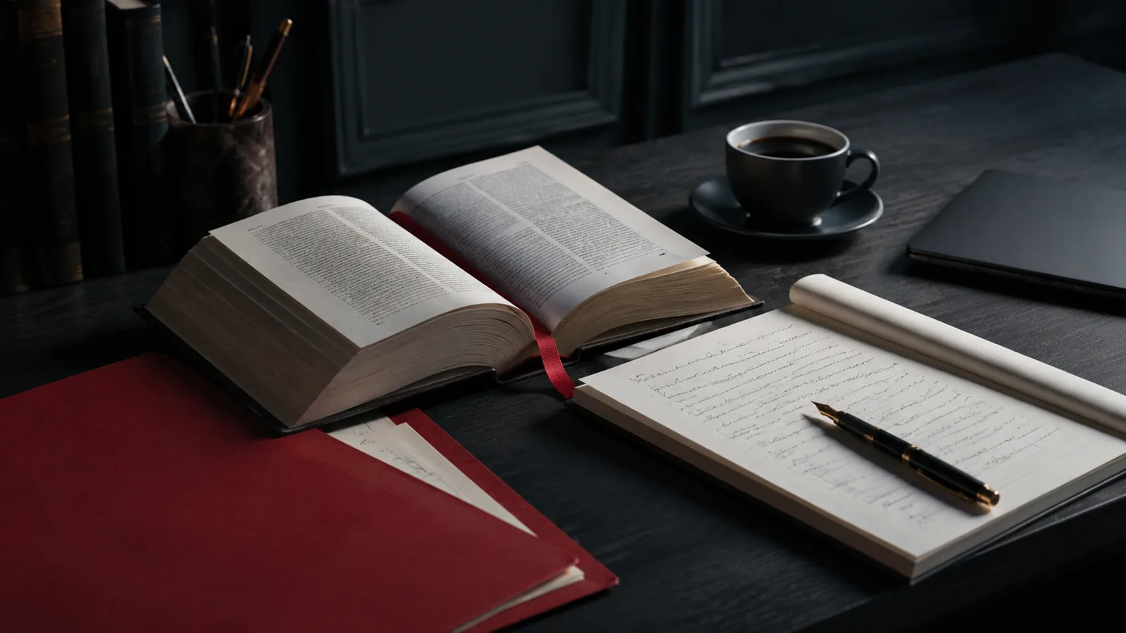 Mesa de estudio con un código legal abierto, apuntes manuscritos y una carpeta roja