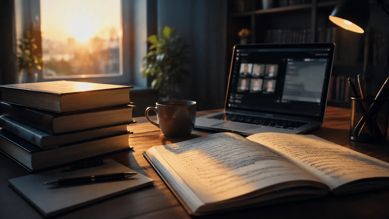 Mesa de estudio con el temario, un cuaderno de apuntes y una clase en directo en el portátil