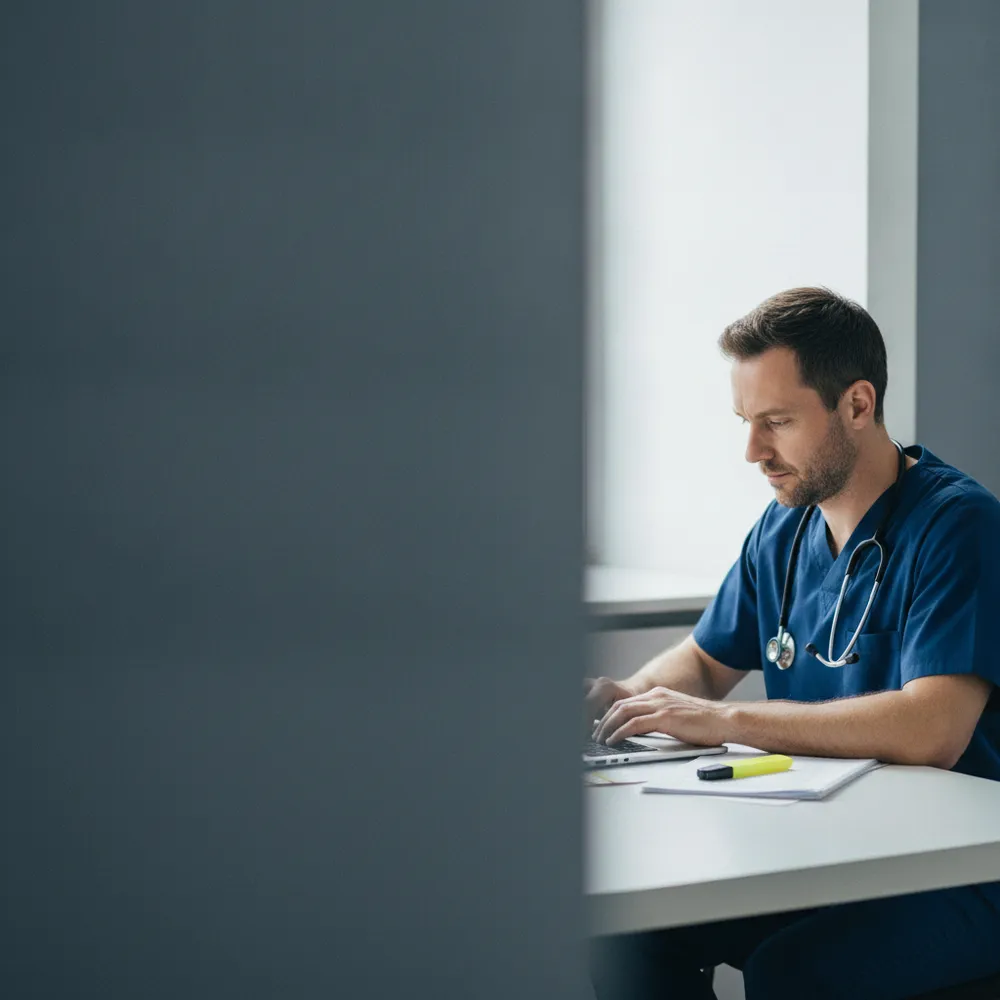 Enfermero con fonendoscopio estudiando con el portátil