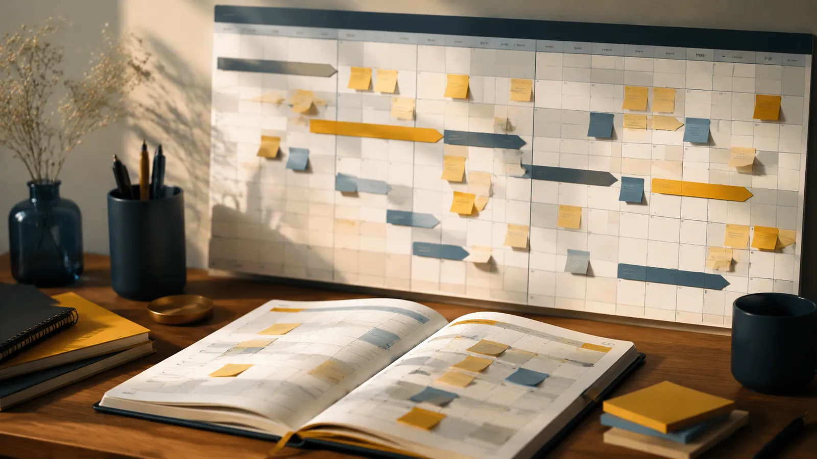 Planificador de pared y agenda con los hitos del curso marcados mes a mes